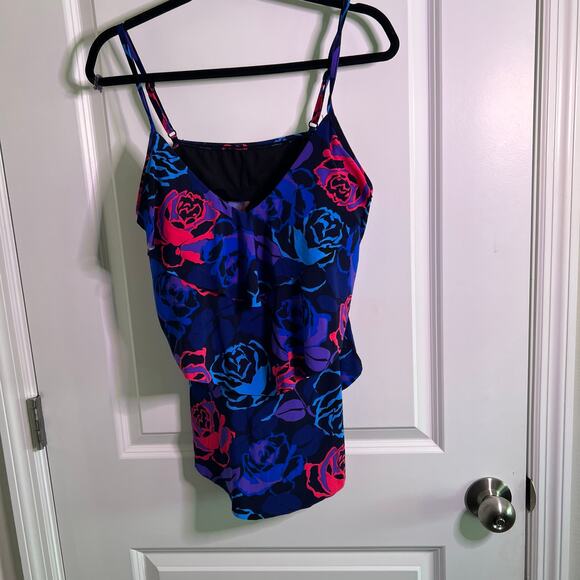 Aqua Green Floral Tankini Top XL Blue Pink Ruffle Layered Swimwear - Picture 2 of 4